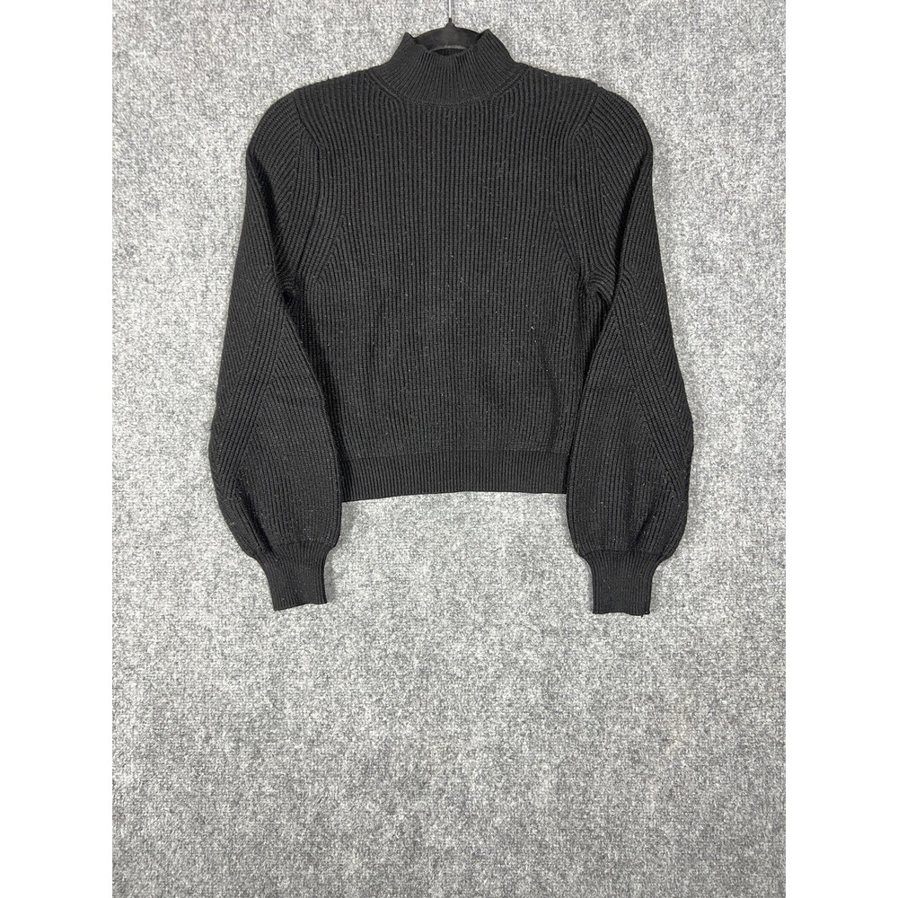 Zara Women's Black Cropped Mock Neck Ribbed Knit Sweater Balloon Sleeve